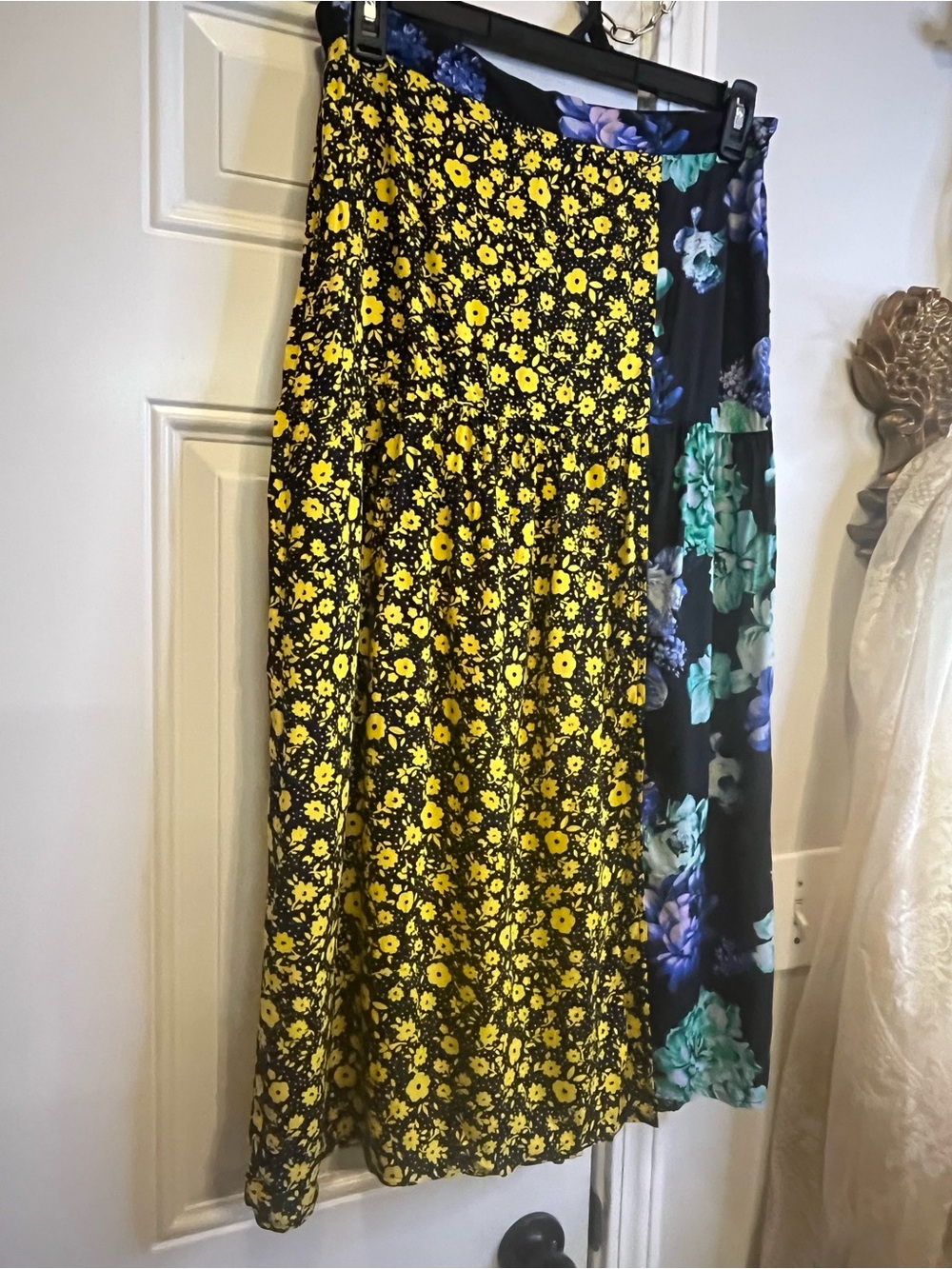 ASOS Patchwork Midi Skirt Size US 10 Mixed Floral Yellow Blue Split Indie Sleaze - Picture 3 of 9